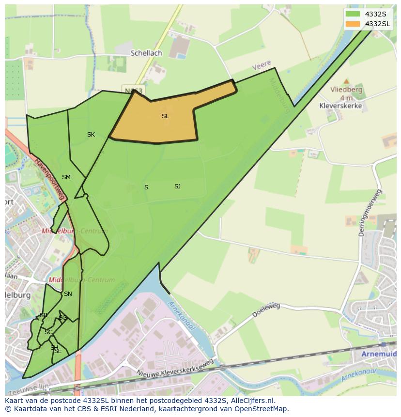 Afbeelding van het postcodegebied 4332 SL op de kaart.
