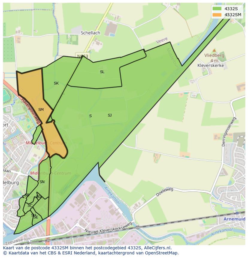 Afbeelding van het postcodegebied 4332 SM op de kaart.