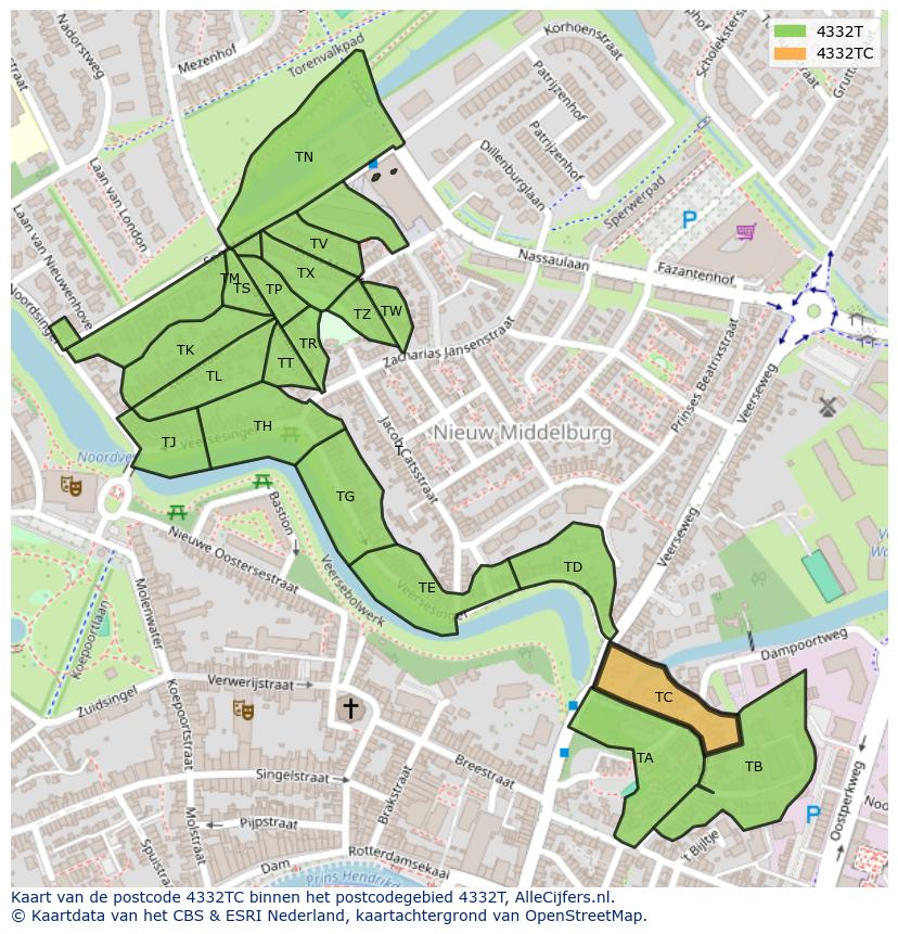 Afbeelding van het postcodegebied 4332 TC op de kaart.