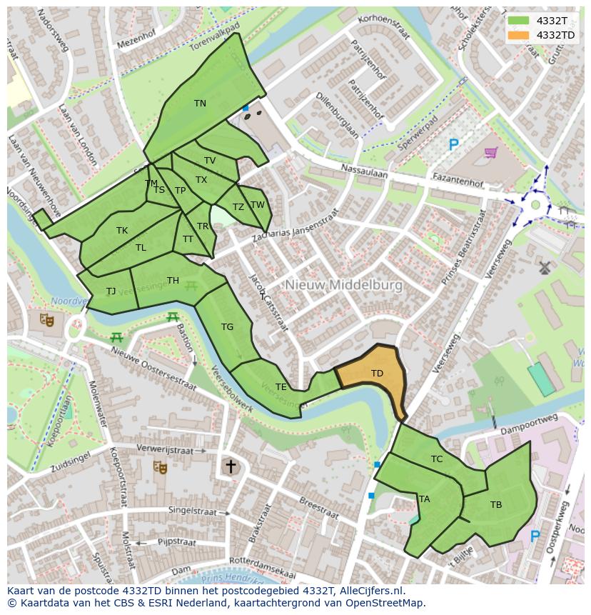 Afbeelding van het postcodegebied 4332 TD op de kaart.