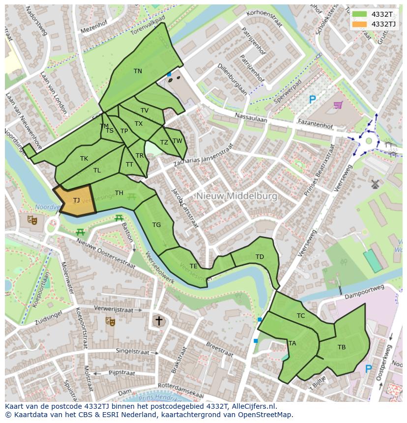 Afbeelding van het postcodegebied 4332 TJ op de kaart.