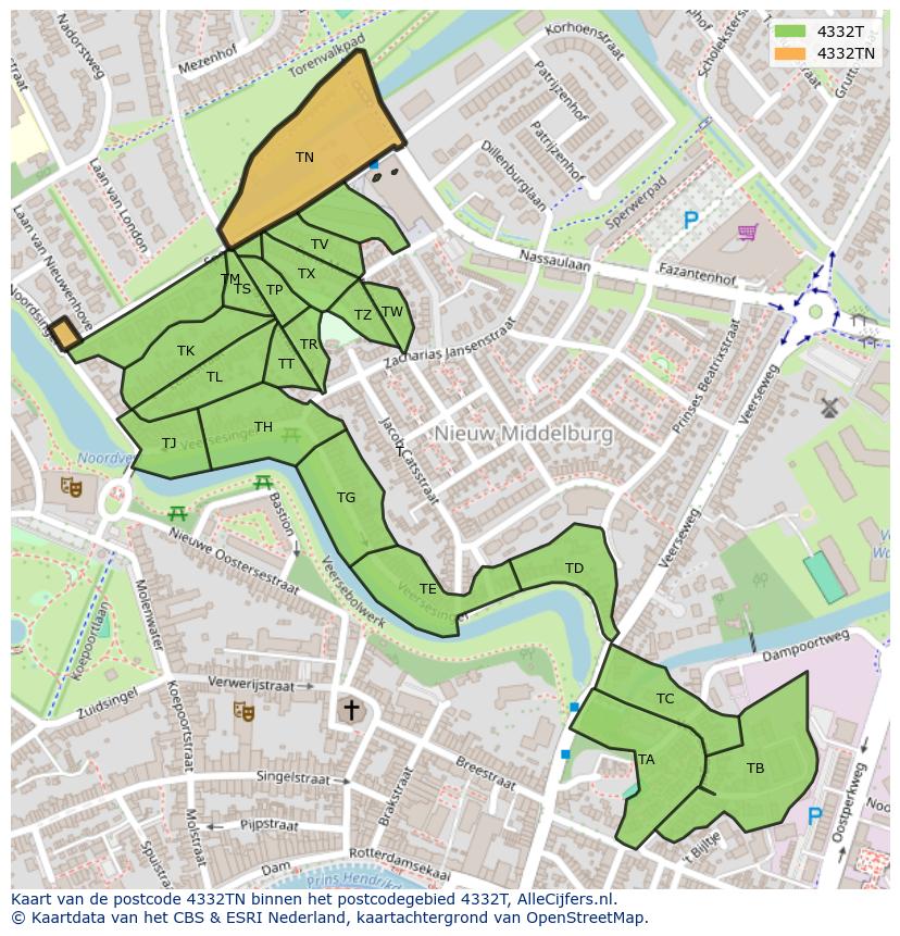Afbeelding van het postcodegebied 4332 TN op de kaart.