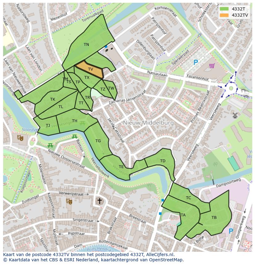 Afbeelding van het postcodegebied 4332 TV op de kaart.