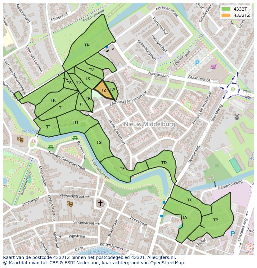 Afbeelding van het postcodegebied 4332 TZ op de kaart.