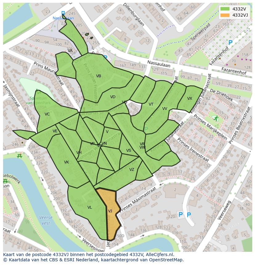 Afbeelding van het postcodegebied 4332 VJ op de kaart.