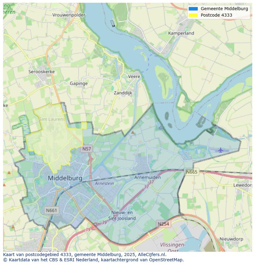 Afbeelding van het postcodegebied 4333 op de kaart.