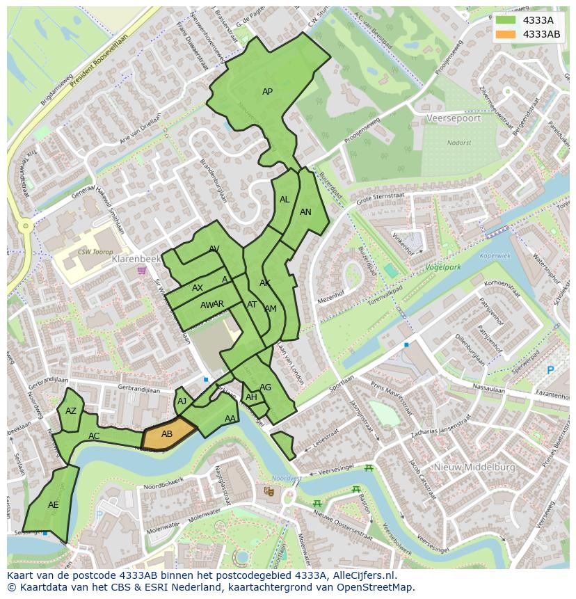 Afbeelding van het postcodegebied 4333 AB op de kaart.