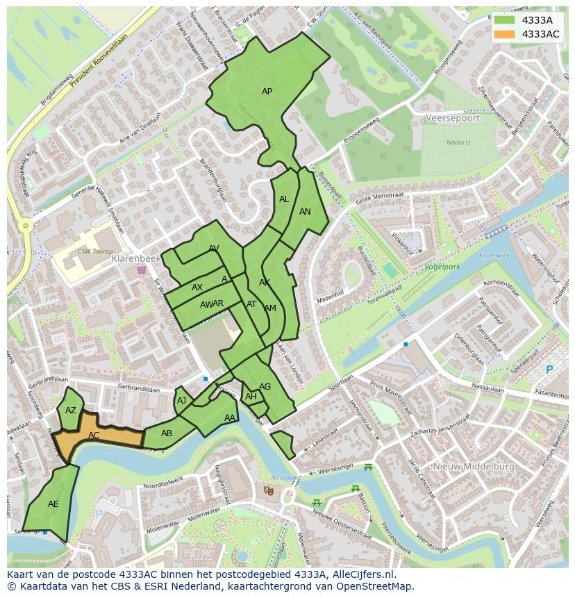 Afbeelding van het postcodegebied 4333 AC op de kaart.