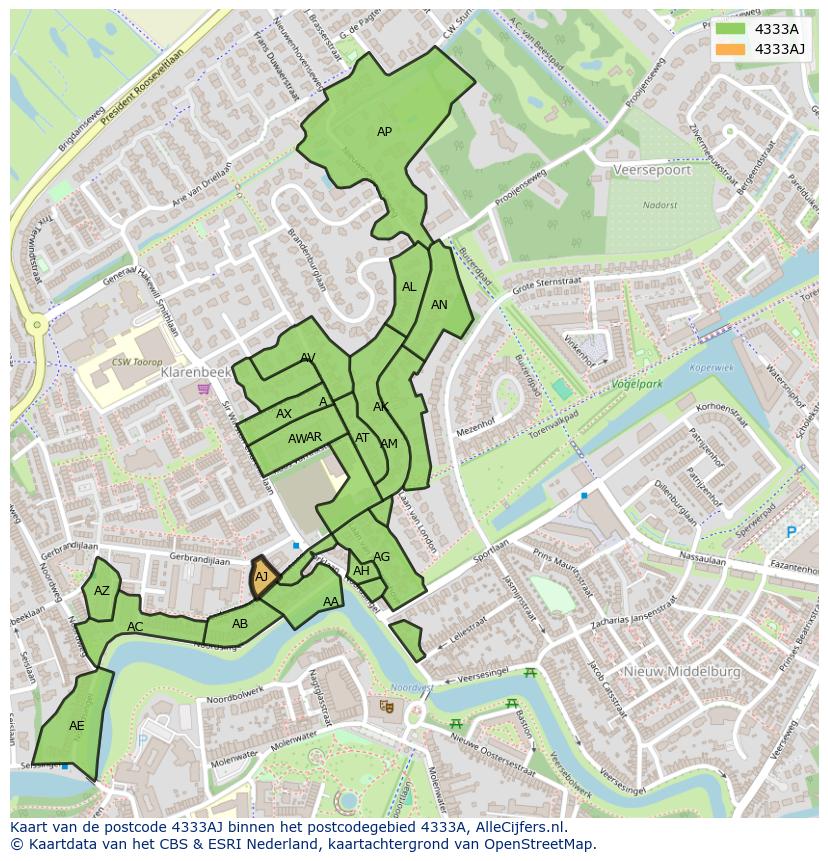 Afbeelding van het postcodegebied 4333 AJ op de kaart.