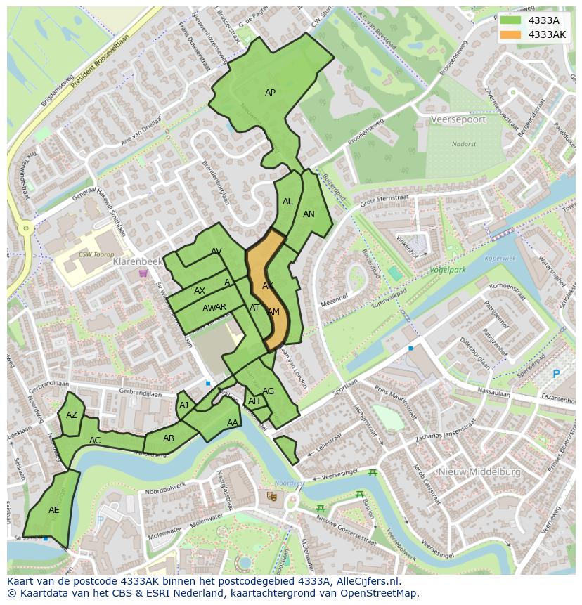 Afbeelding van het postcodegebied 4333 AK op de kaart.
