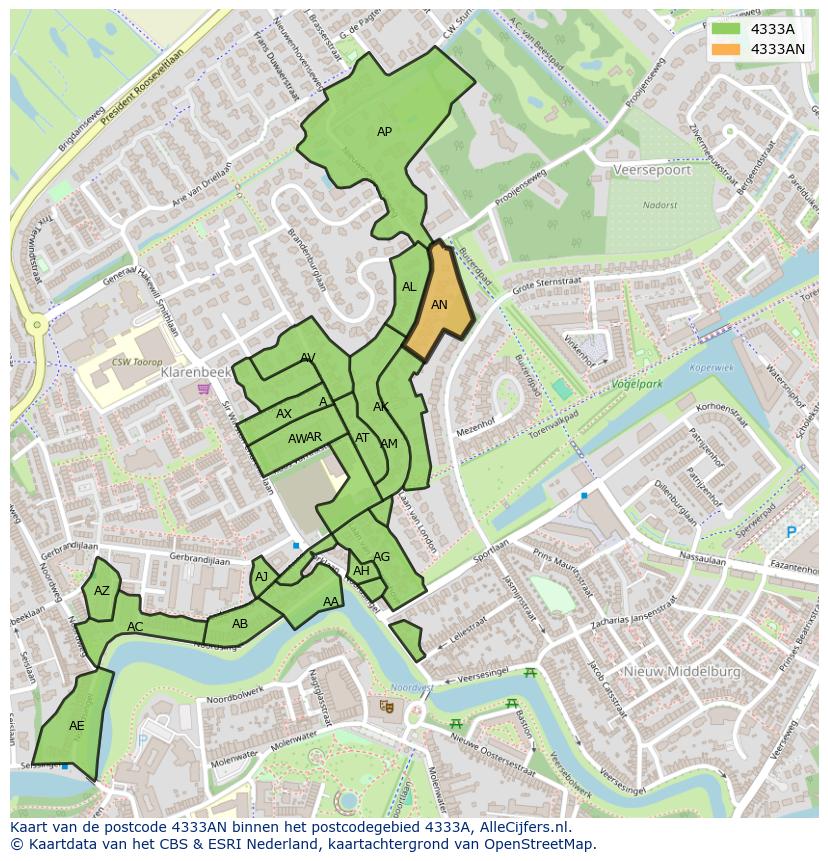 Afbeelding van het postcodegebied 4333 AN op de kaart.