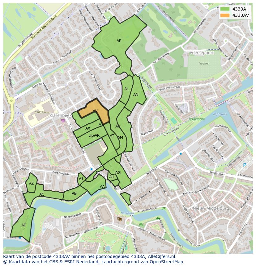 Afbeelding van het postcodegebied 4333 AV op de kaart.