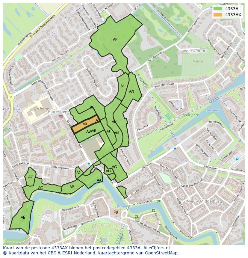 Afbeelding van het postcodegebied 4333 AX op de kaart.