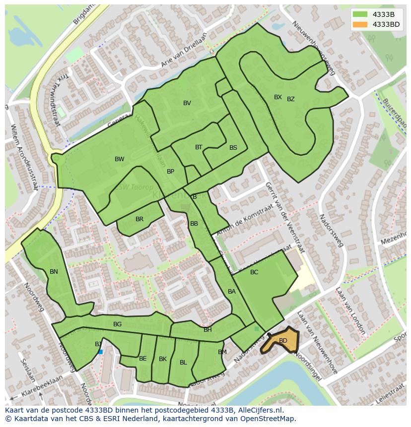Afbeelding van het postcodegebied 4333 BD op de kaart.