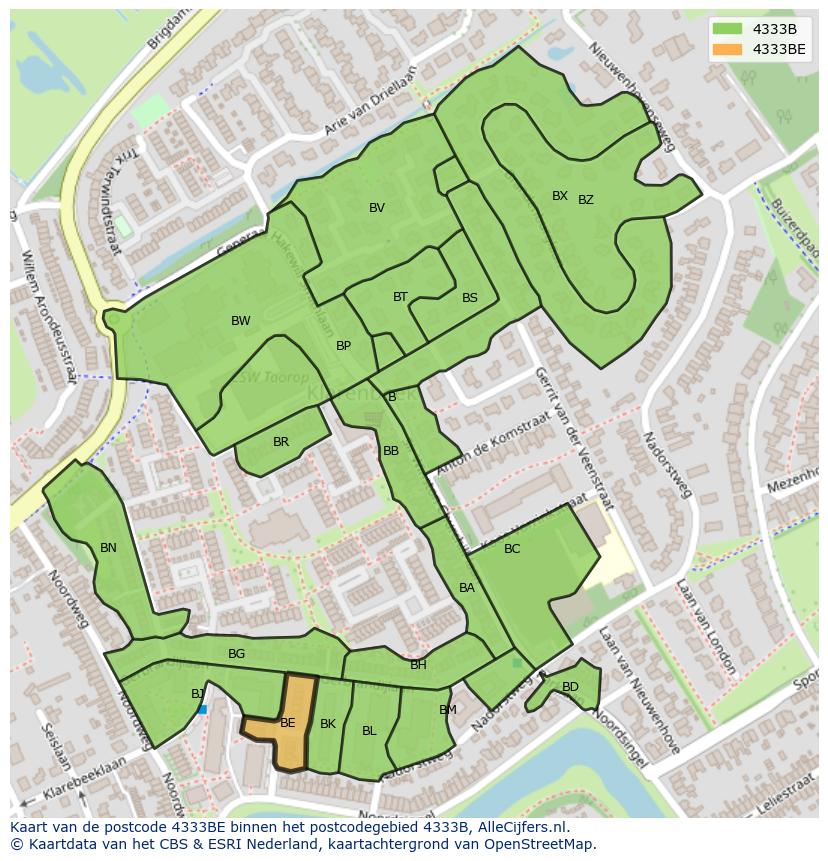 Afbeelding van het postcodegebied 4333 BE op de kaart.