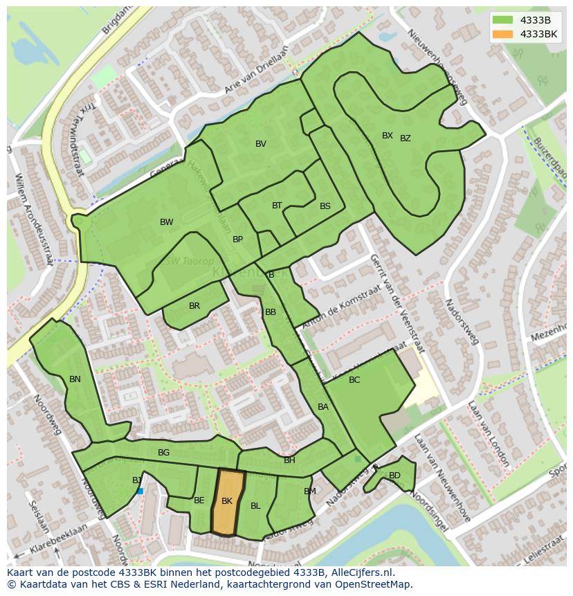 Afbeelding van het postcodegebied 4333 BK op de kaart.