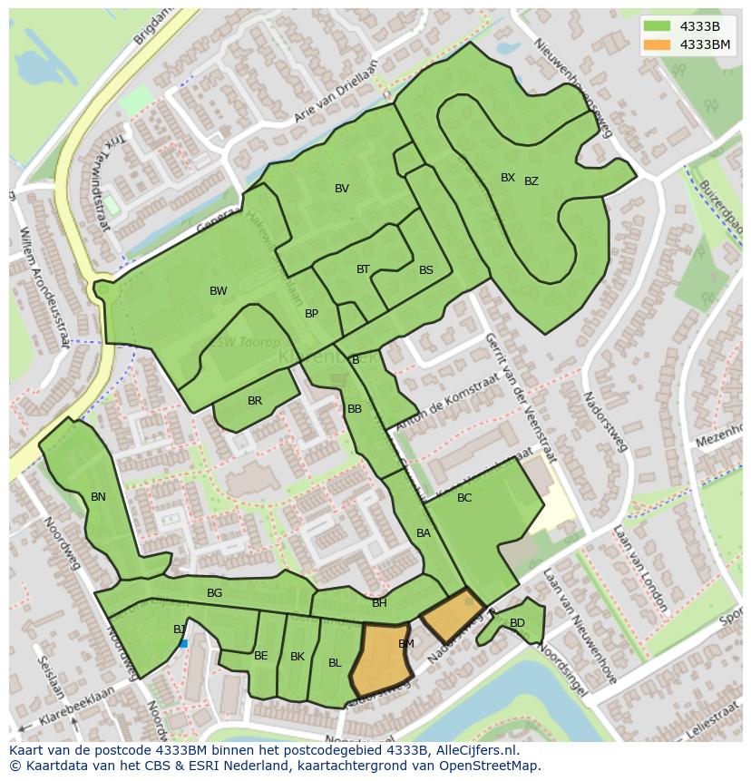 Afbeelding van het postcodegebied 4333 BM op de kaart.