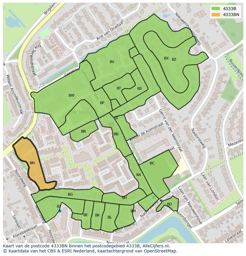 Afbeelding van het postcodegebied 4333 BN op de kaart.