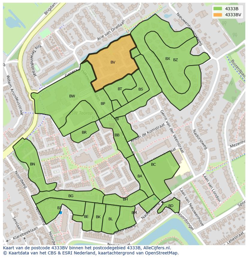 Afbeelding van het postcodegebied 4333 BV op de kaart.