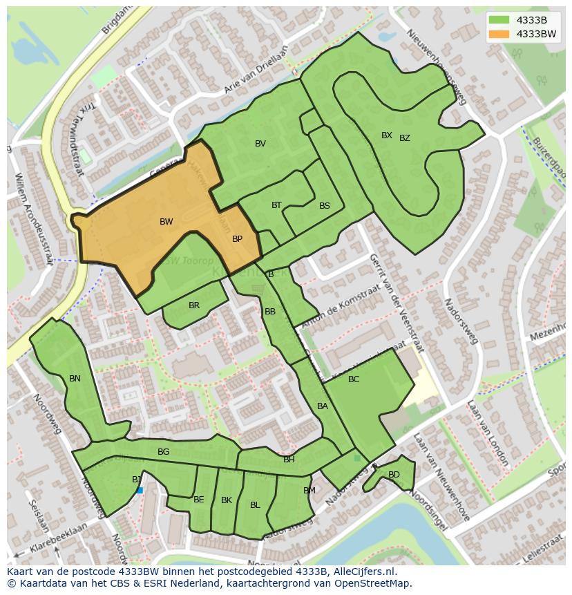 Afbeelding van het postcodegebied 4333 BW op de kaart.