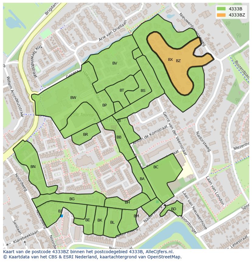 Afbeelding van het postcodegebied 4333 BZ op de kaart.