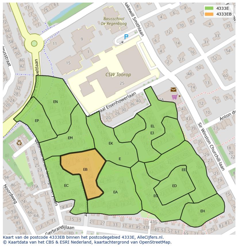 Afbeelding van het postcodegebied 4333 EB op de kaart.