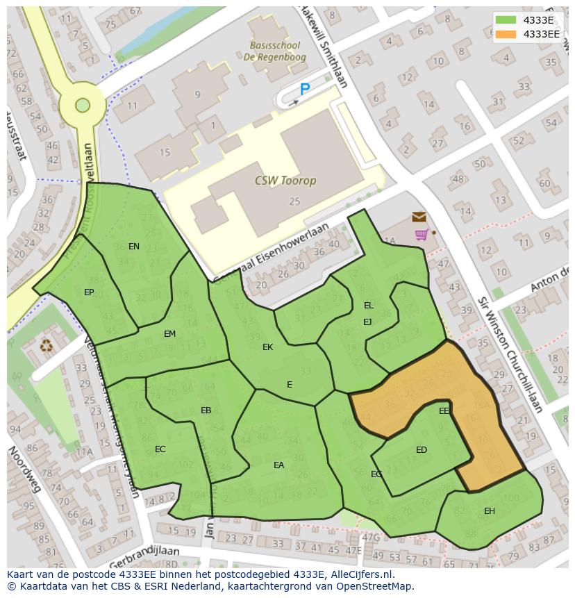 Afbeelding van het postcodegebied 4333 EE op de kaart.