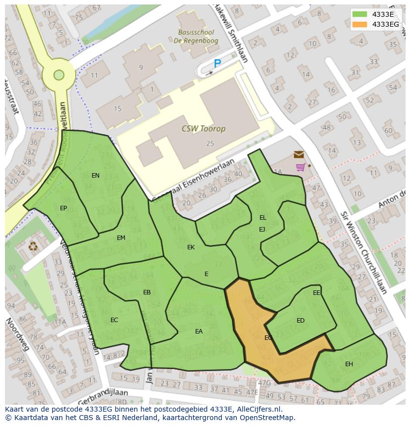 Afbeelding van het postcodegebied 4333 EG op de kaart.