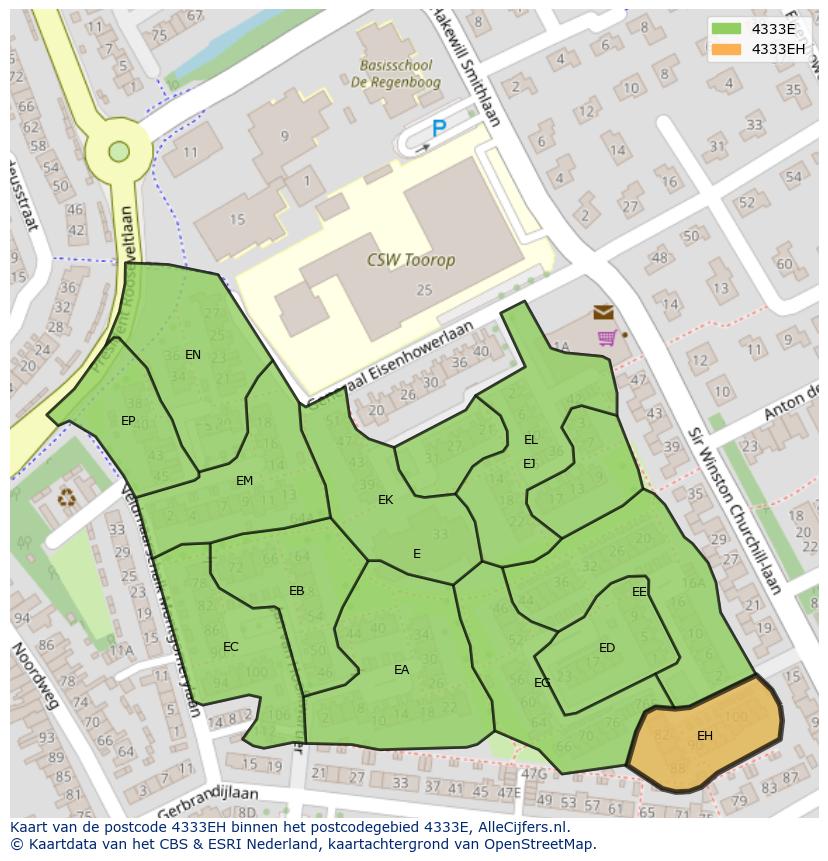 Afbeelding van het postcodegebied 4333 EH op de kaart.