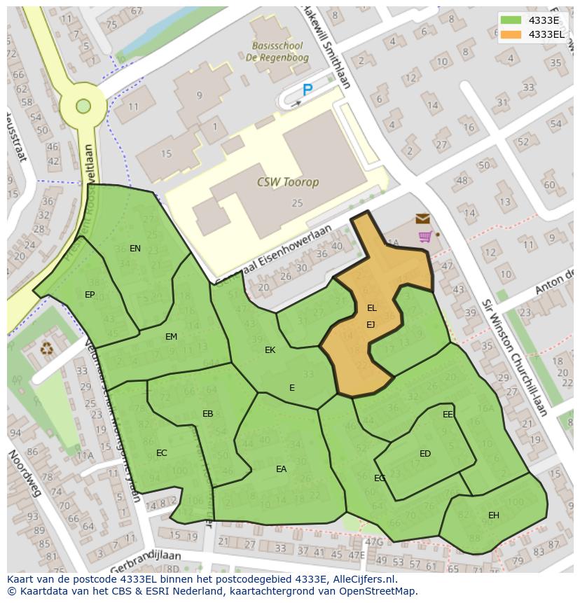 Afbeelding van het postcodegebied 4333 EL op de kaart.