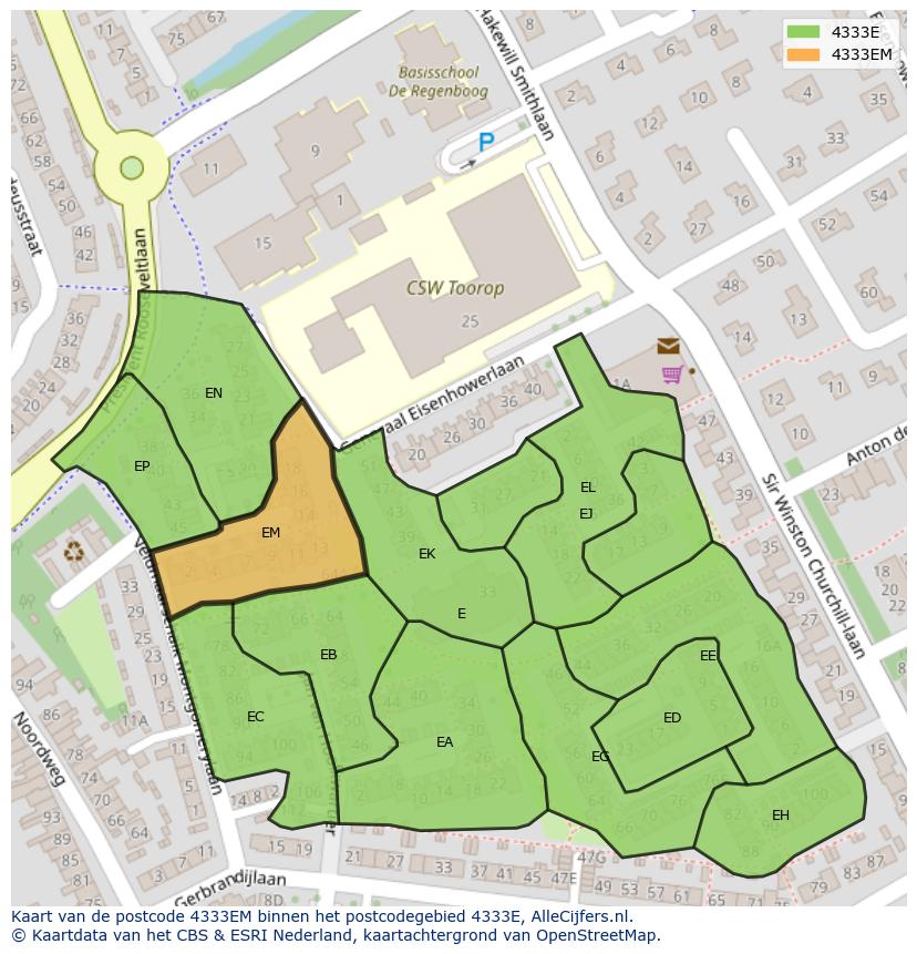 Afbeelding van het postcodegebied 4333 EM op de kaart.