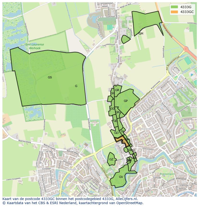 Afbeelding van het postcodegebied 4333 GC op de kaart.