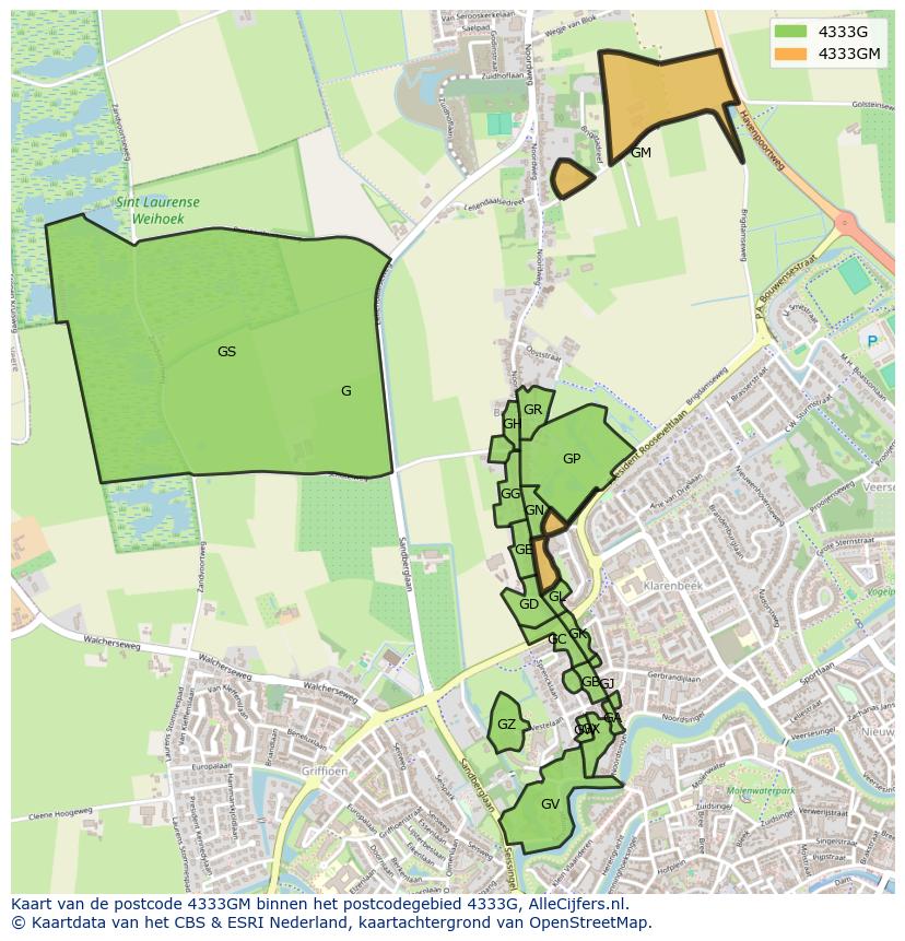 Afbeelding van het postcodegebied 4333 GM op de kaart.