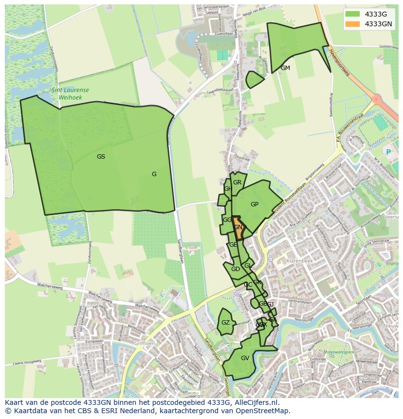 Afbeelding van het postcodegebied 4333 GN op de kaart.