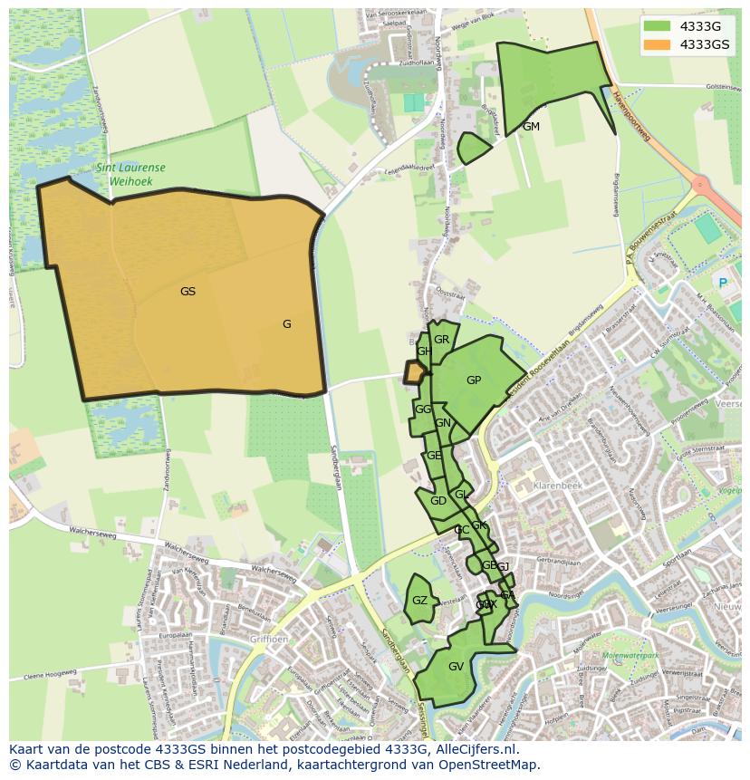 Afbeelding van het postcodegebied 4333 GS op de kaart.