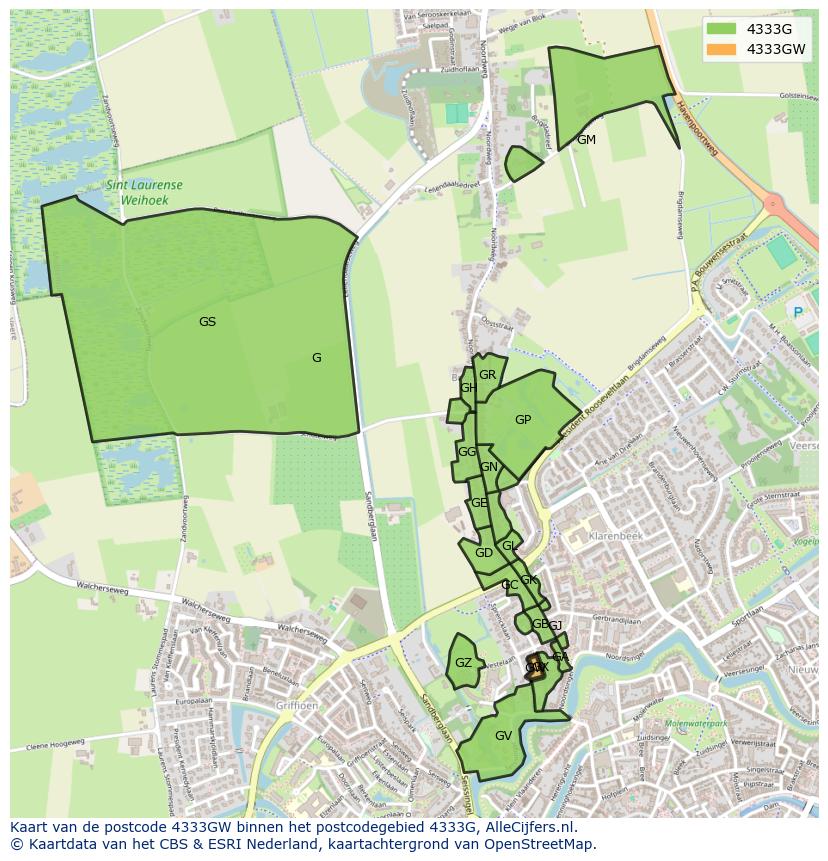 Afbeelding van het postcodegebied 4333 GW op de kaart.