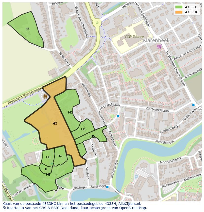 Afbeelding van het postcodegebied 4333 HC op de kaart.