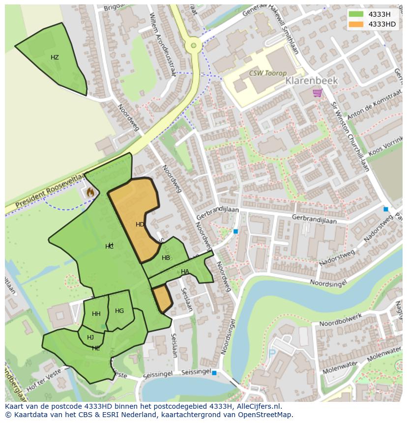 Afbeelding van het postcodegebied 4333 HD op de kaart.