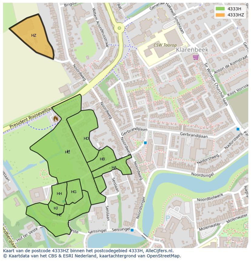 Afbeelding van het postcodegebied 4333 HZ op de kaart.