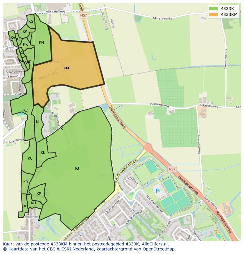Afbeelding van het postcodegebied 4333 KM op de kaart.