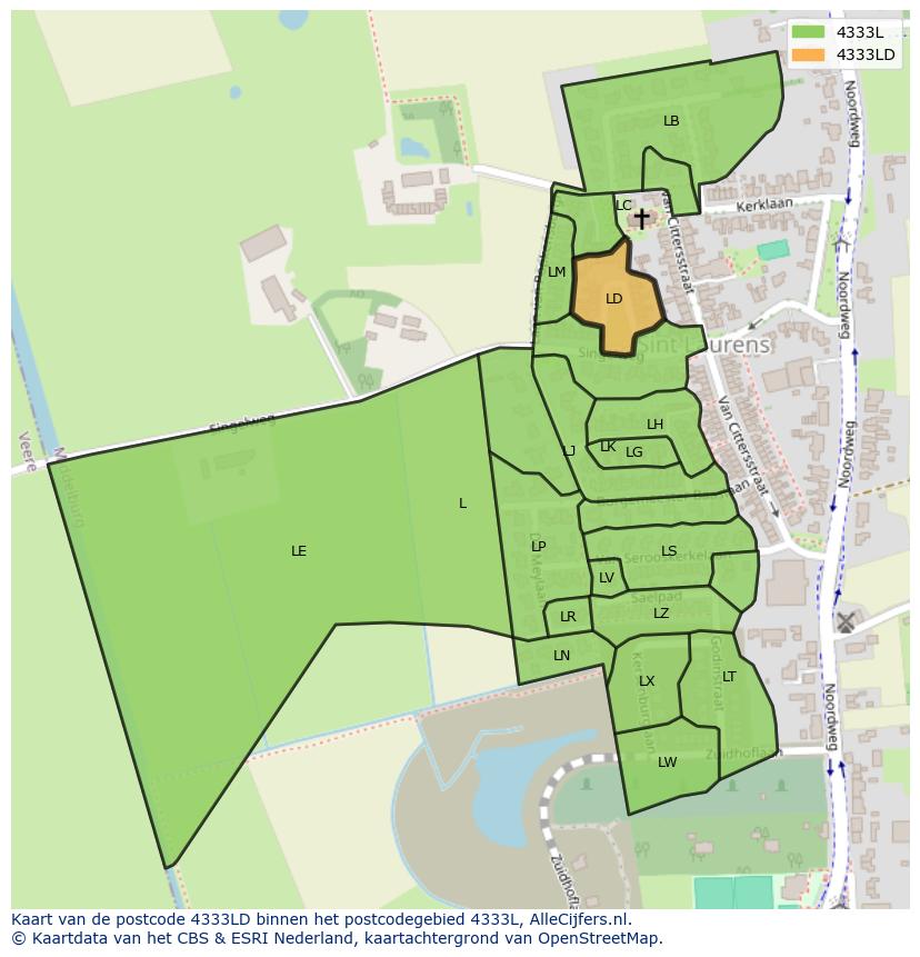 Afbeelding van het postcodegebied 4333 LD op de kaart.