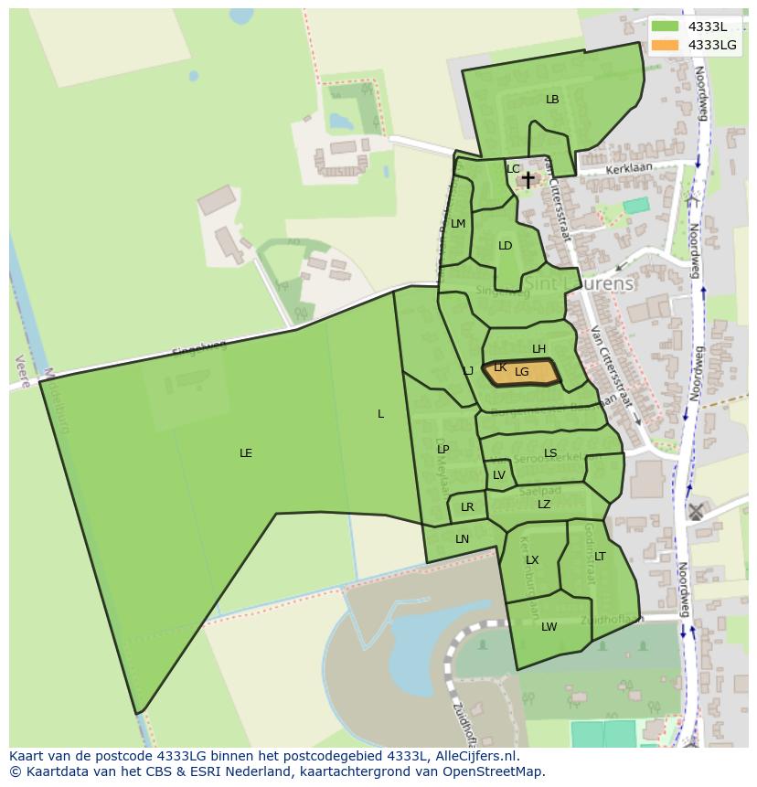 Afbeelding van het postcodegebied 4333 LG op de kaart.