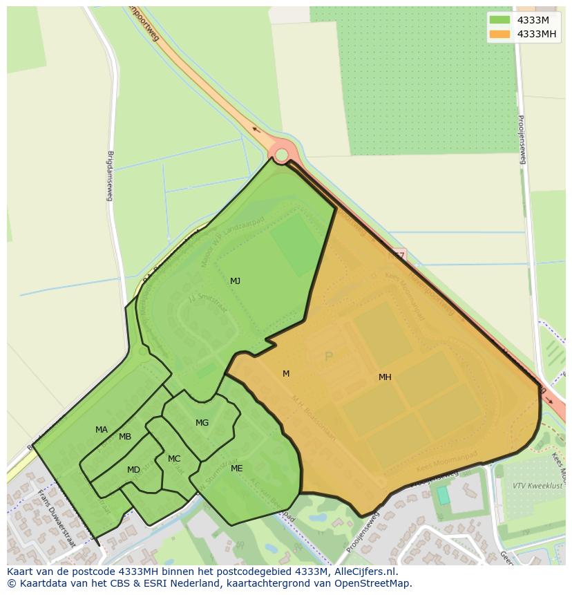 Afbeelding van het postcodegebied 4333 MH op de kaart.