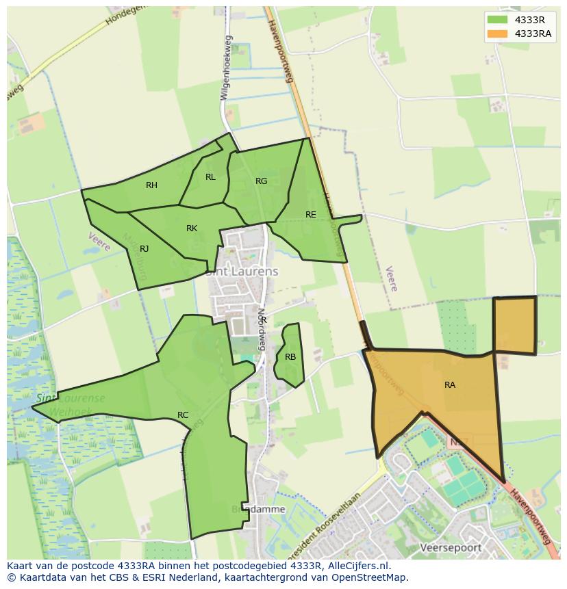 Afbeelding van het postcodegebied 4333 RA op de kaart.