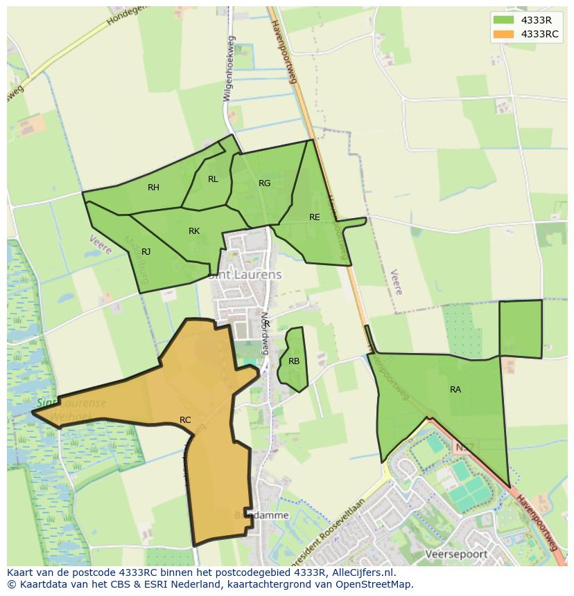Afbeelding van het postcodegebied 4333 RC op de kaart.