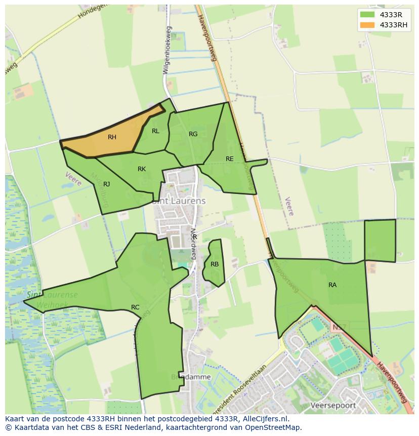 Afbeelding van het postcodegebied 4333 RH op de kaart.