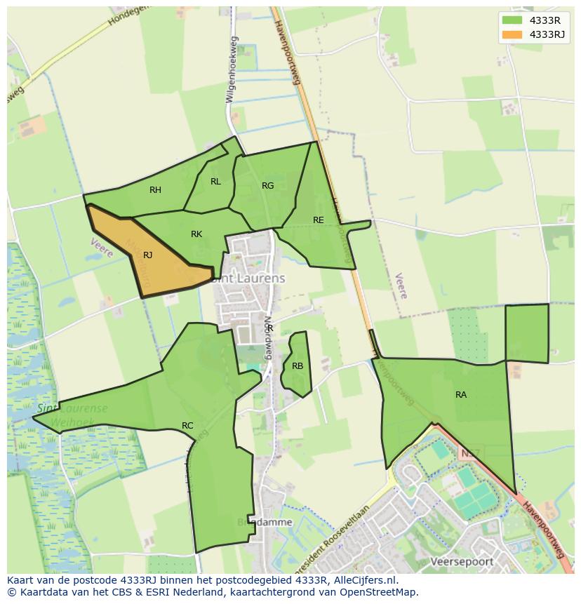 Afbeelding van het postcodegebied 4333 RJ op de kaart.
