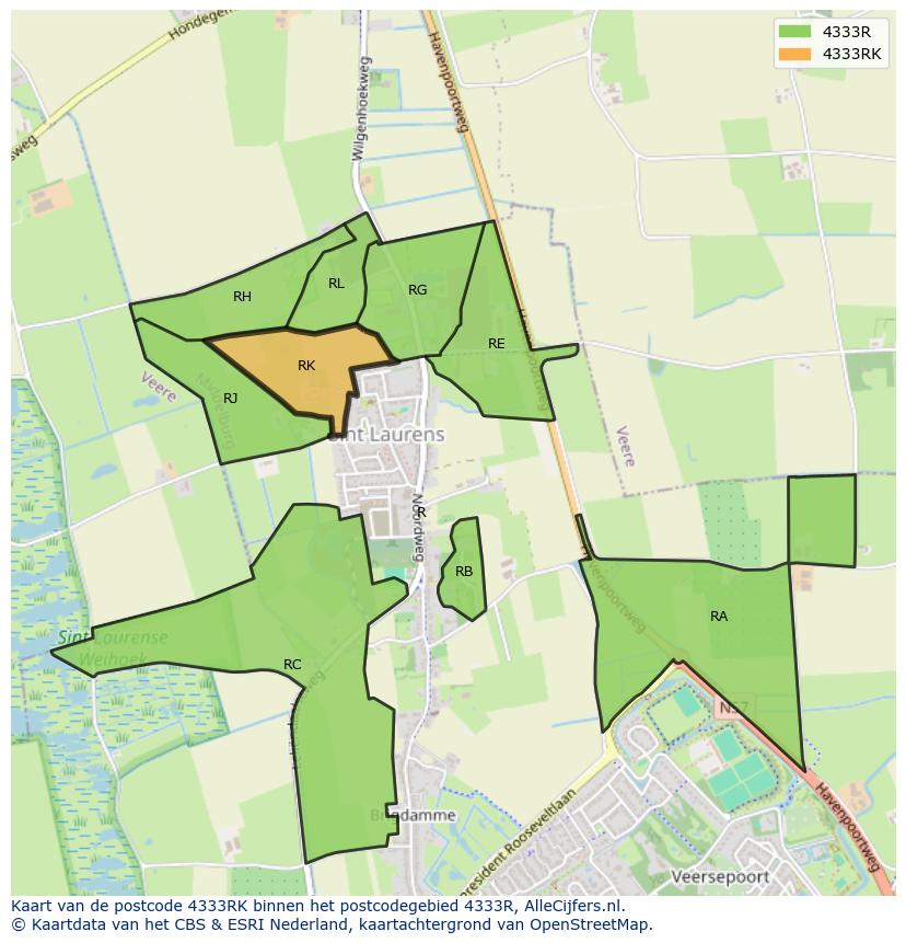 Afbeelding van het postcodegebied 4333 RK op de kaart.