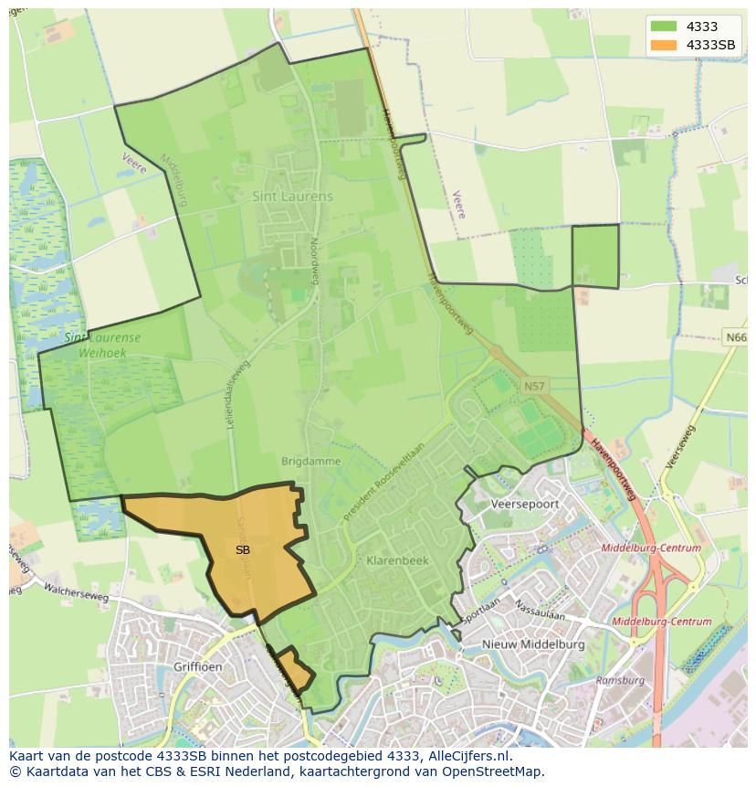 Afbeelding van het postcodegebied 4333 SB op de kaart.