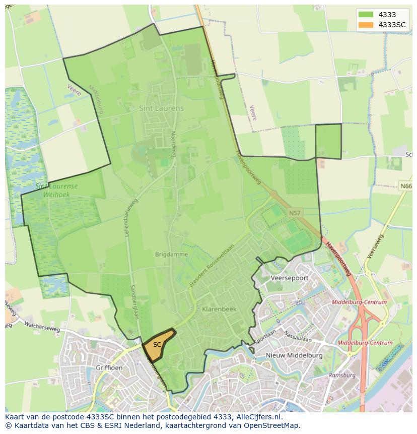 Afbeelding van het postcodegebied 4333 SC op de kaart.